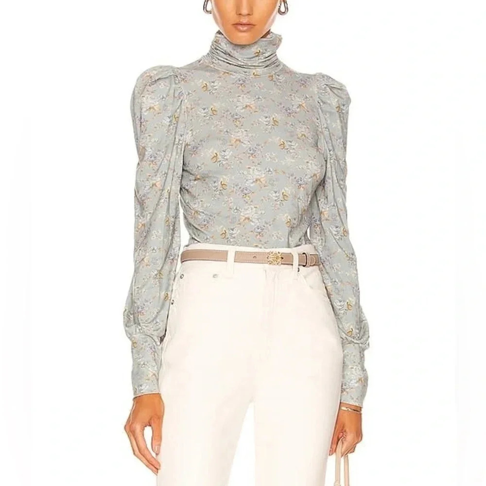 LOVESHACKFANCY Vienna Turtleneck Top in Sky Gray XS